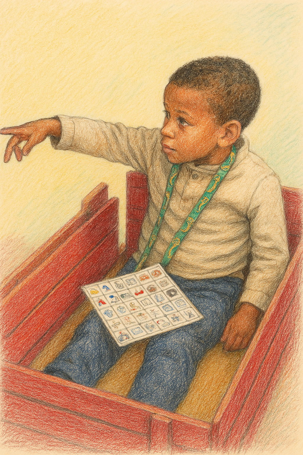 boy sitting in a wagon pointing with his right hand. He has a printed AAC board on this lap. 